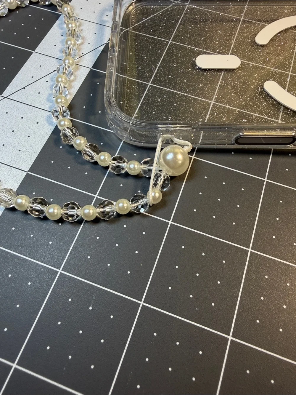 Delicate Faux Pearl and Crystal Beaded Phone Charm - Ivory/Clear